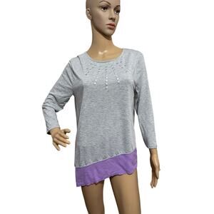 WEEKEND SOUL Tunic Tee Top Asymmetrical Hem Gray‎ Lilac Purple M/ Casual Chic